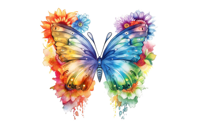 Rainbow Butterfly and Flowers Clipart