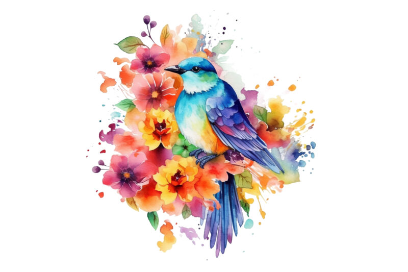 Rainbow Flower Bird Watercolor Clipart