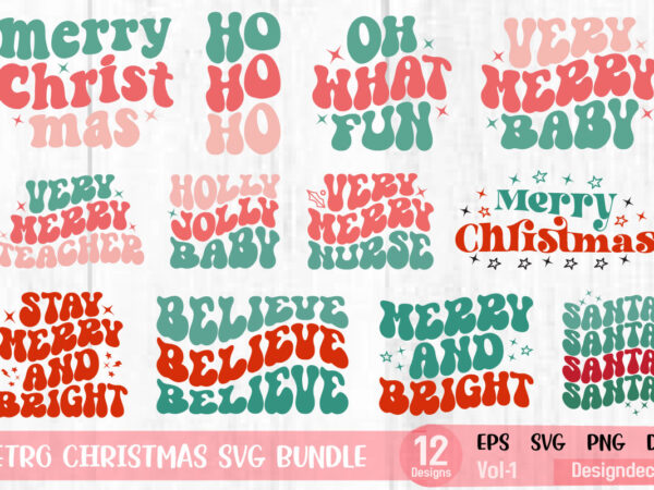 Retro groovy wavy christmas sayings sublimation bundle t shirt design svg