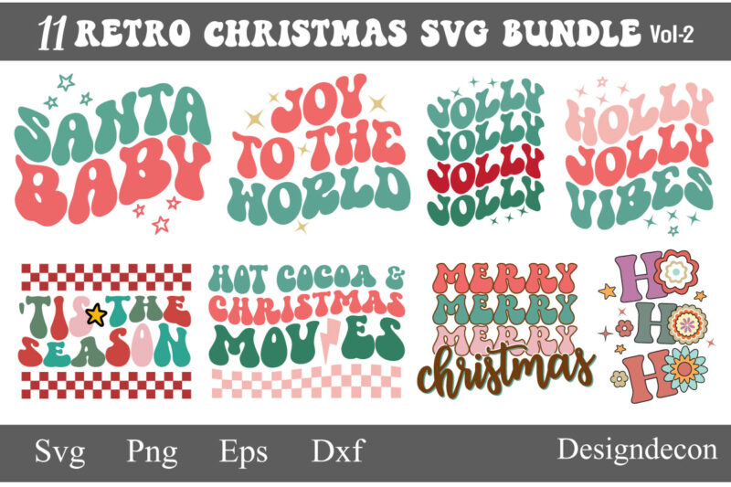 Retro groovy wavy boho Christmas sayings sublimation bundle t shirt designs svg