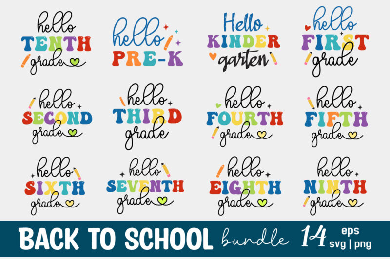 Retro Back to School first day of school quotes typographic heart lettering art designs Bundle T-shirt Svg