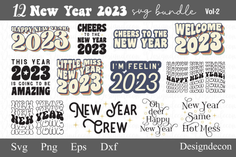 retro wavy groovy, 70’s, new year 2023 sublimation, t-shirt designs of 12 quotes bundle, new year svg