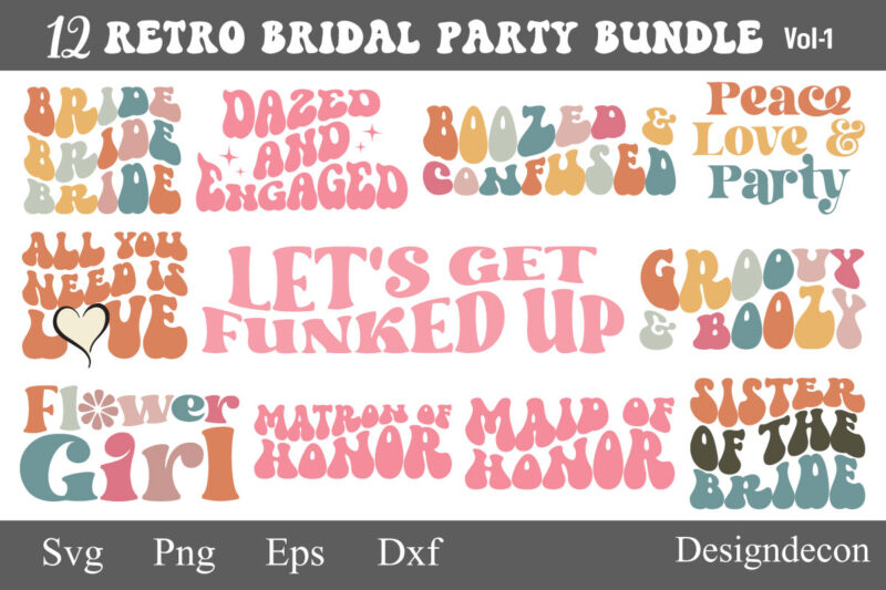Retro Groovy wavy Bridal Wedding Party Sublimation Bundle