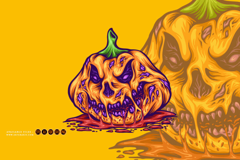 Rotten pumpkin creepy monster halloween fruit illustrations