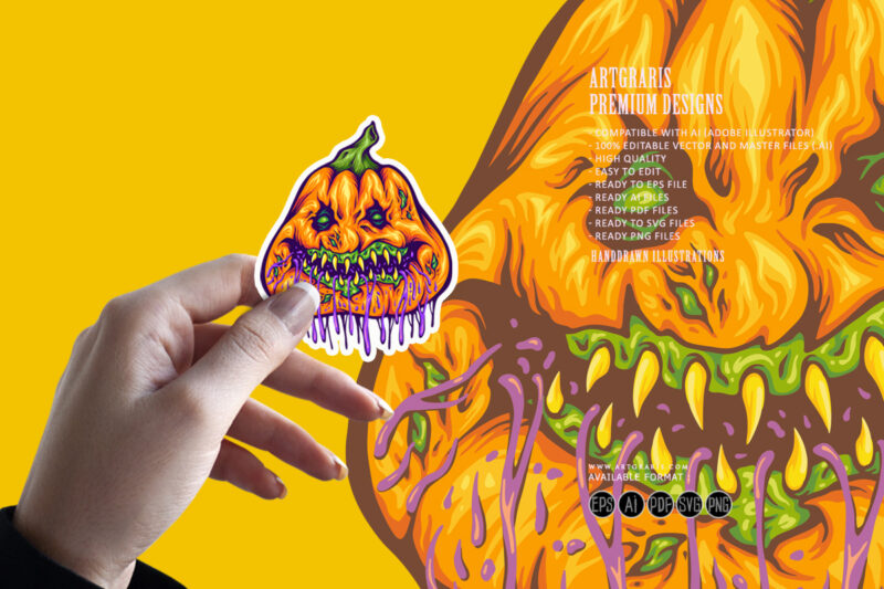 Rotten pumpkin monster head gooey halloween creature illustrations