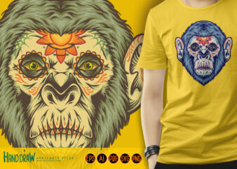 Santa muerte monkey head sugar skull illustrations