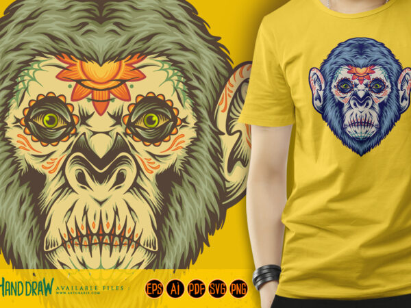Santa muerte monkey head sugar skull illustrations t shirt template vector