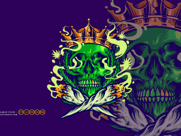 Skull king with royal crown smoking cannabis joint illuystrations t shirt template vector