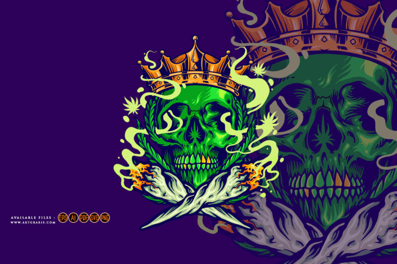 Skull king with royal crown smoking cannabis joint illuystrations