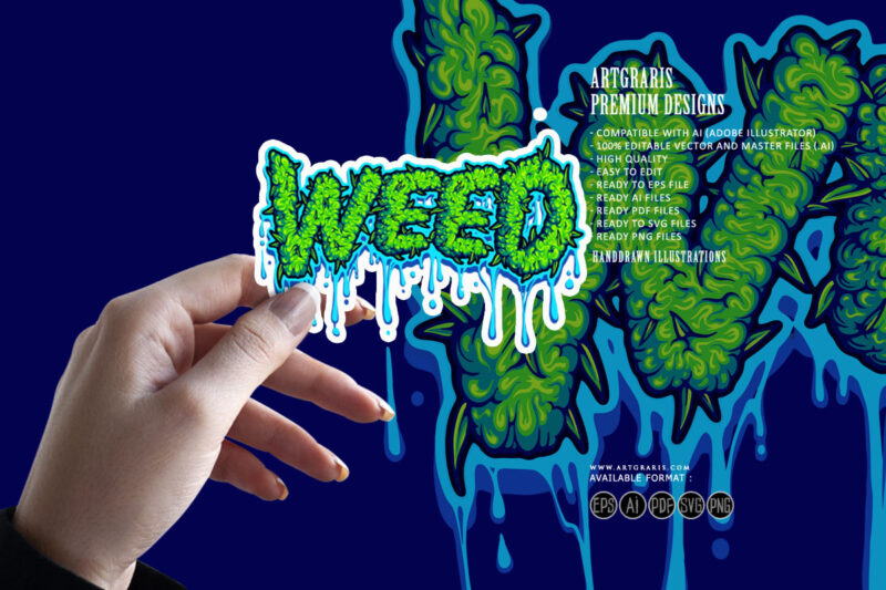 Weed word lettering with melted buds text illustrations