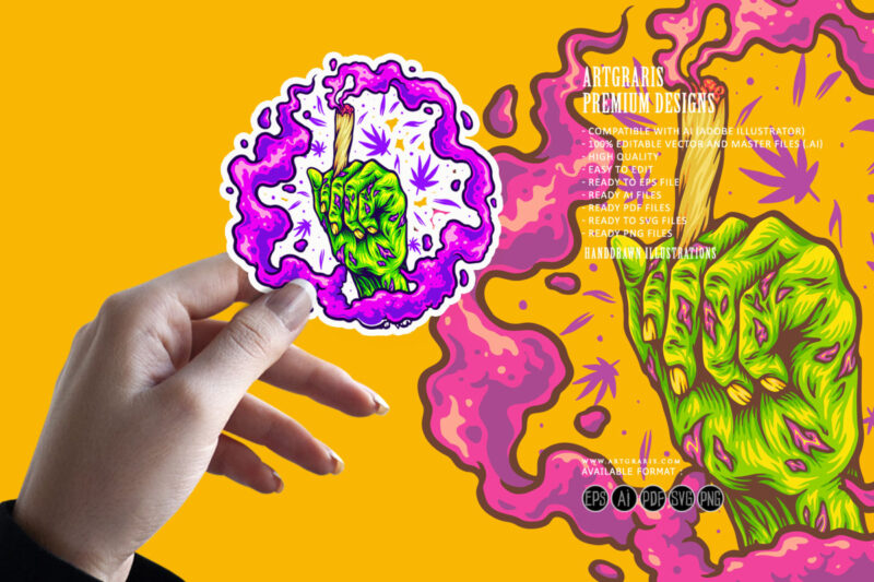 Zombie hand holding marijuana joint logo illustrations