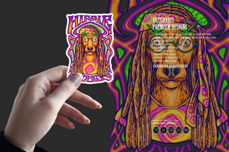 Hippie dog on psychedelic art frame background illustrations