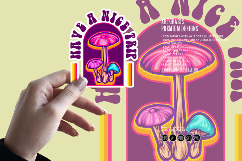 Magic mushroom plant with pop art background illustration