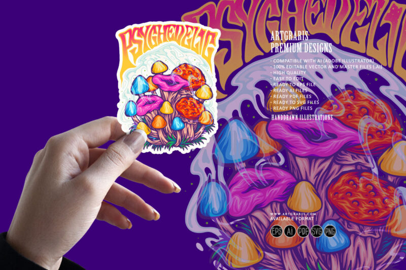 Magic mushroom psychedelic plant trippy logo illustrations