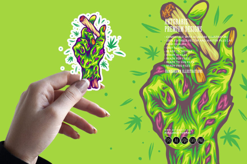Monster hand holding marijuana blunt creepy illustrations