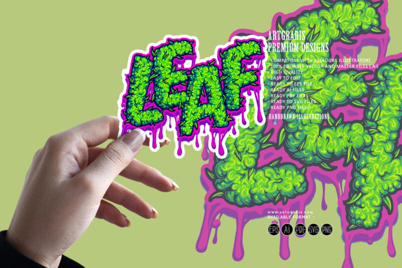 Leaf typeface word with gooey cannabis flower texture illustrations