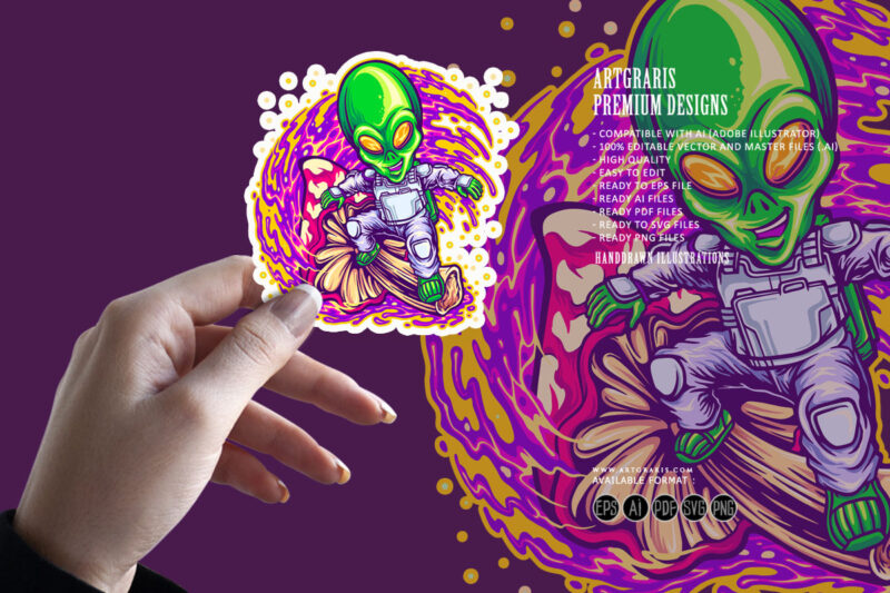 Alien spaceman surfing on space with magic mushroom illustrations