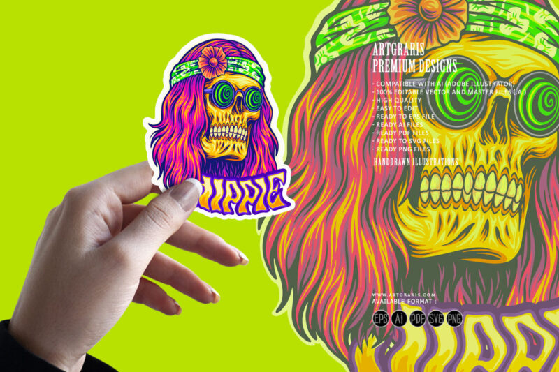 Trippy skull bohemian long haired with sunglasses illustrations