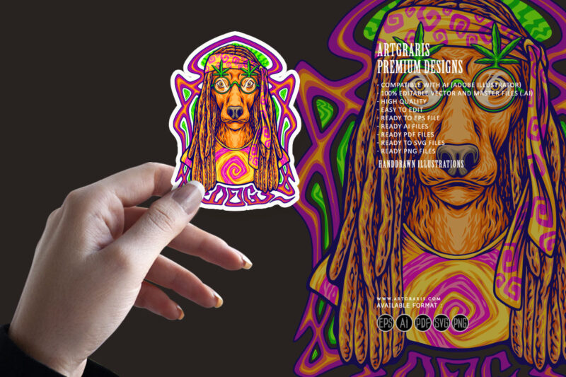 Hippie dog with psychedelic trippy frame background illustrations