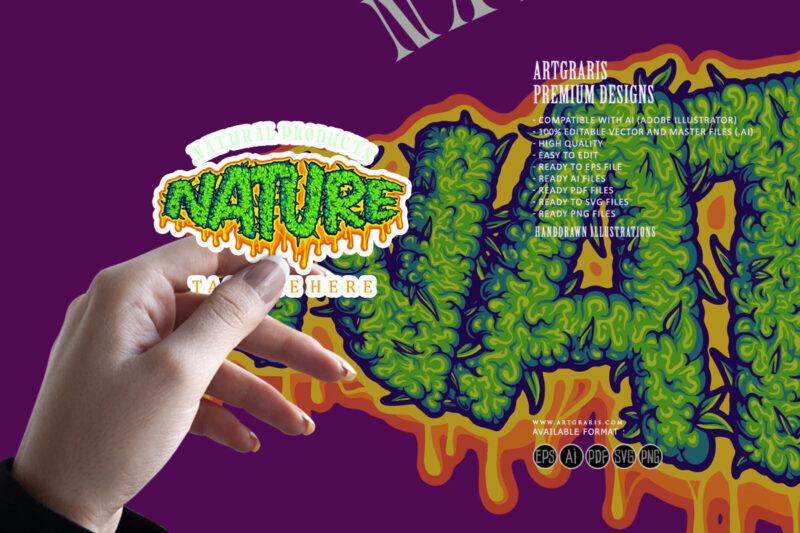 Nature lettering word cannabis buds slime illustrations