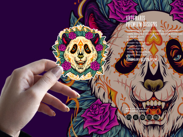 Sugar skull panda with rose flower frame illustrations t shirt template vector