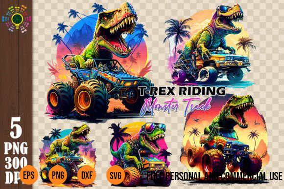 T rex monster truck 5 png sublimation dtf designs bundle t-shirt design
