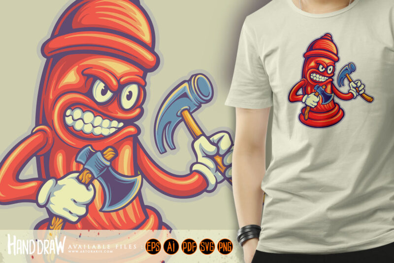 fire hydrant holding axe and hammer cartoon illustrations