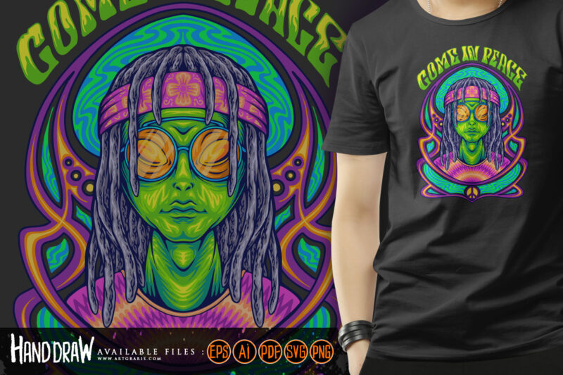 Hippies alien come in peace with art nouveau background illustrations