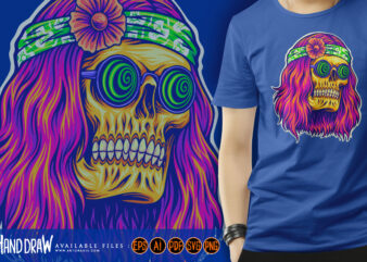 bohemian skull with trippy face wearing spiral glasses illustrations t shirt template