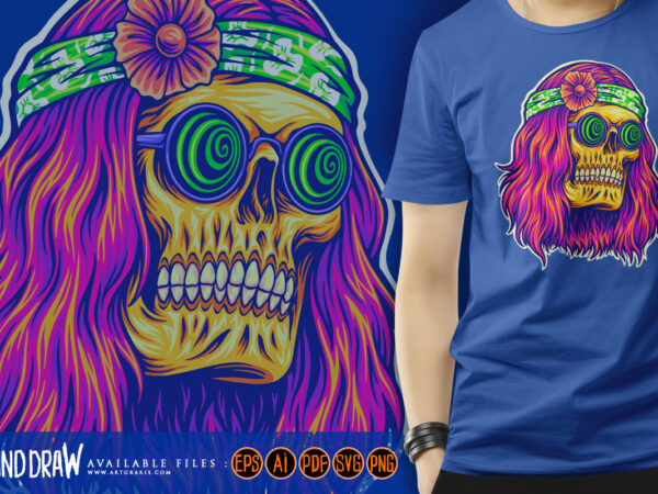 Bohemian skull with trippy face wearing spiral glasses illustrations t shirt template