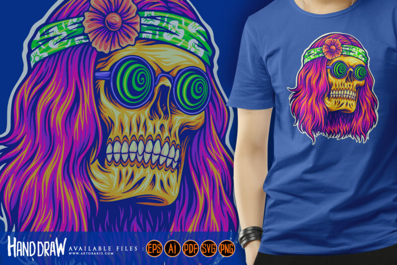 bohemian skull with trippy face wearing spiral glasses illustrations ...
