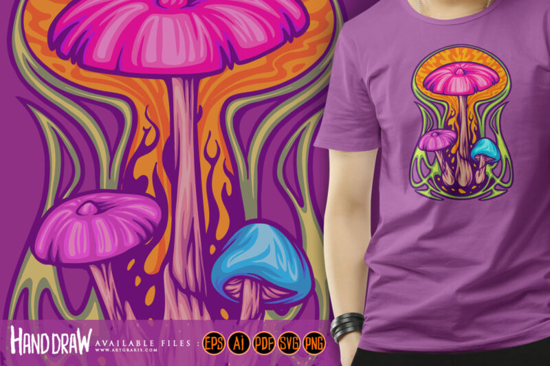 Magic mushroom psycho plant on trippy background illustrations