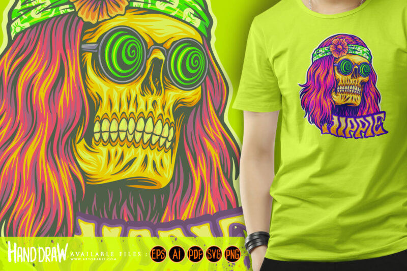 Trippy skull bohemian long haired with sunglasses illustrations