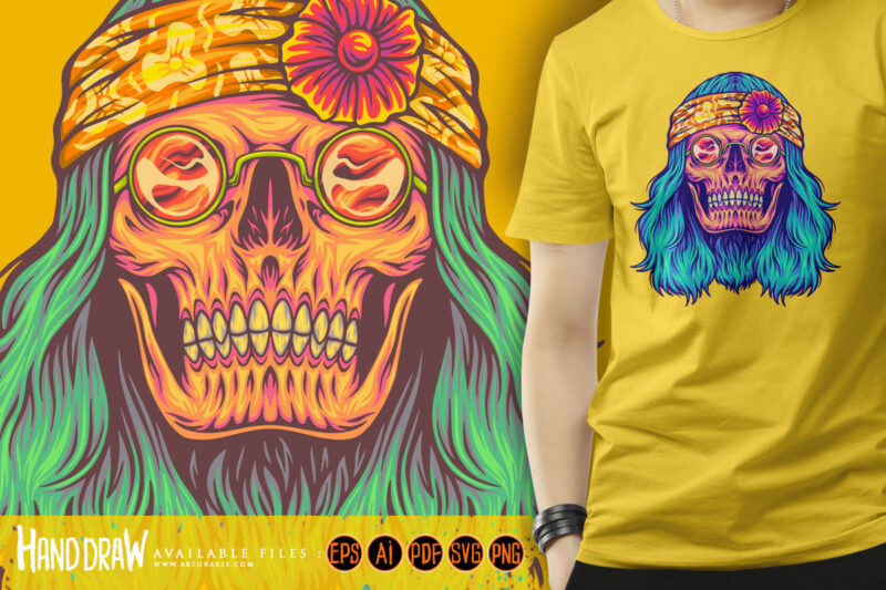 Hippie skull groovy bohemian flower power illustrations