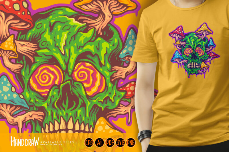 Trippy skull with psychedelic magic mushroom logo illustrations