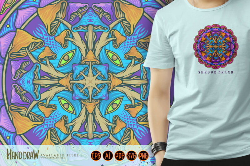 Psychedelic mandala geometry trippy mushroom illustrations