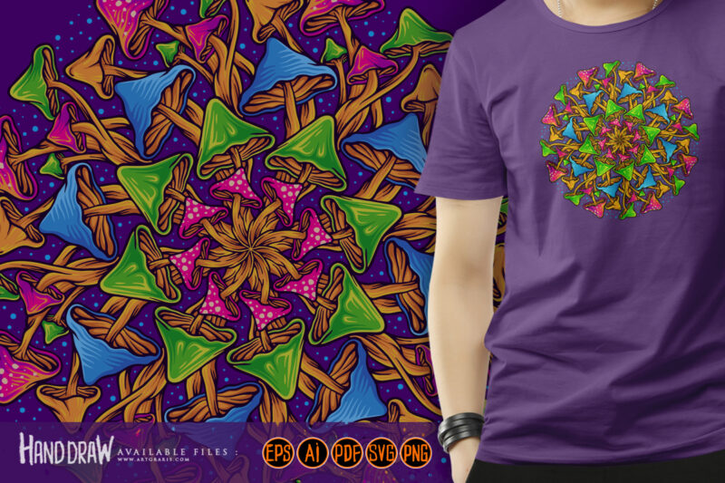 Magic mushroom mandala circle bohemian ornament illustrations