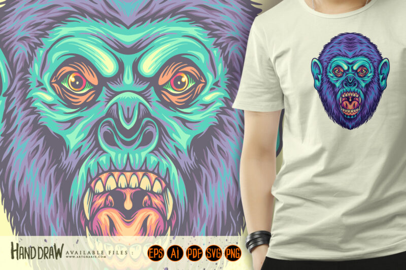 Mad gorilla head jungle king cartoon illustrations