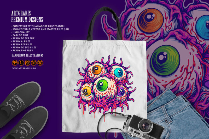Creepy eyeballs gooey monster horror logo illustrations