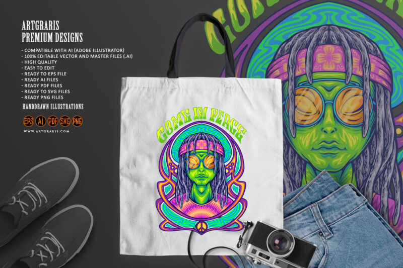 Hippies alien come in peace with art nouveau background illustrations