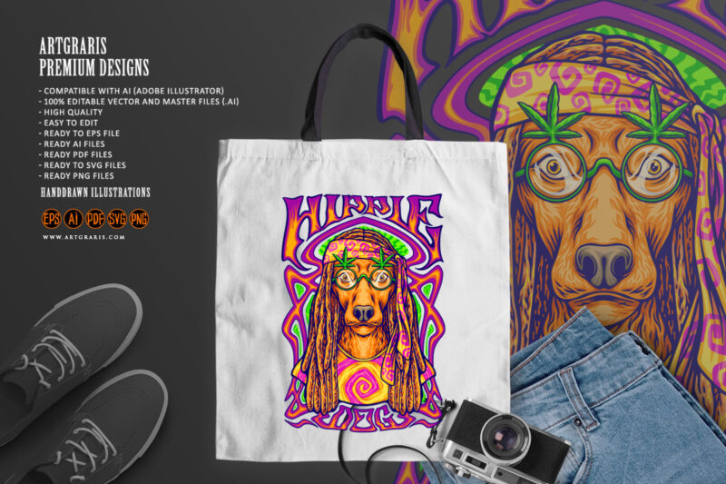 Hippie dog on psychedelic art frame background illustrations
