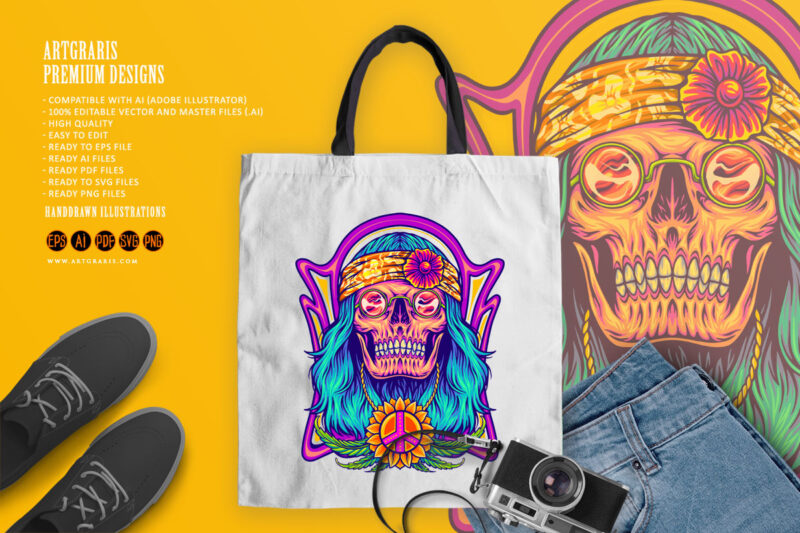 Stoned skull wearing hippie peace necklace logo illustrations