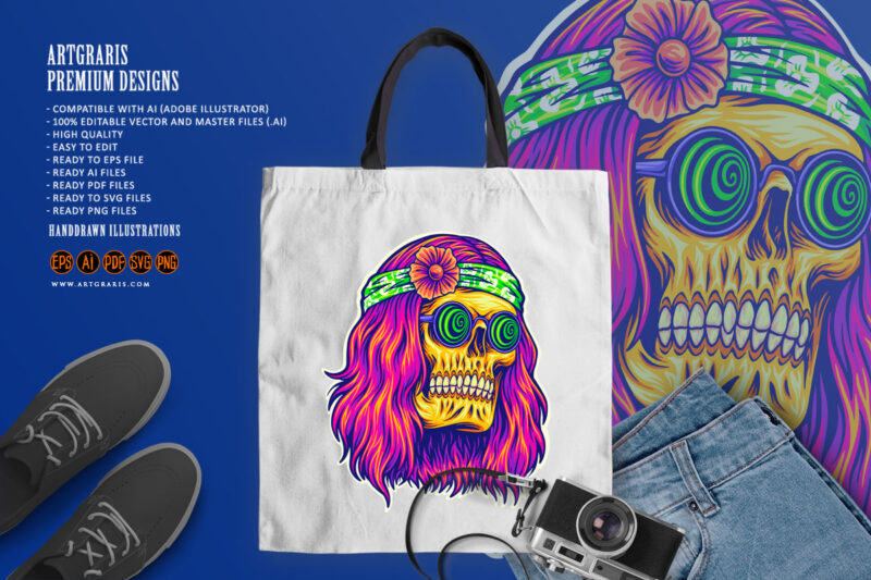 bohemian skull with trippy face wearing spiral glasses illustrations