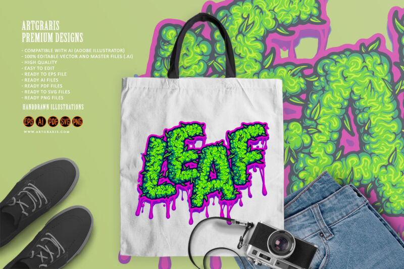 Leaf typeface word with gooey cannabis flower texture illustrations