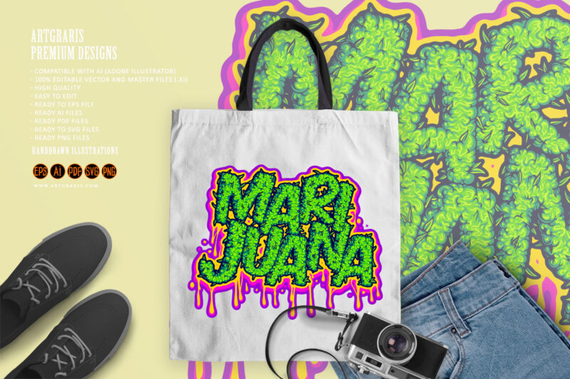 Marijuana lettering word with melted buds texture illustrations