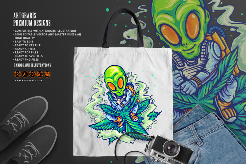 Astronaut alien flying on space with marijuana leaf illustrations