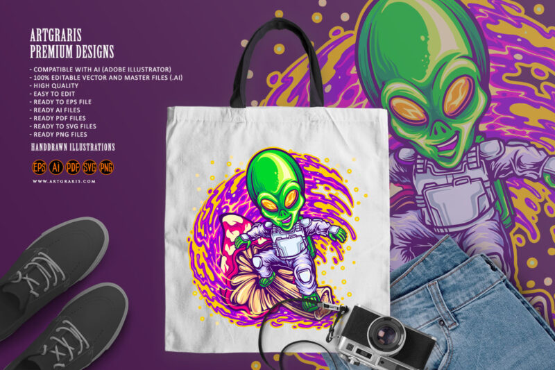 Alien spaceman surfing on space with magic mushroom illustrations