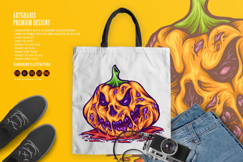 Rotten pumpkin creepy monster halloween fruit illustrations