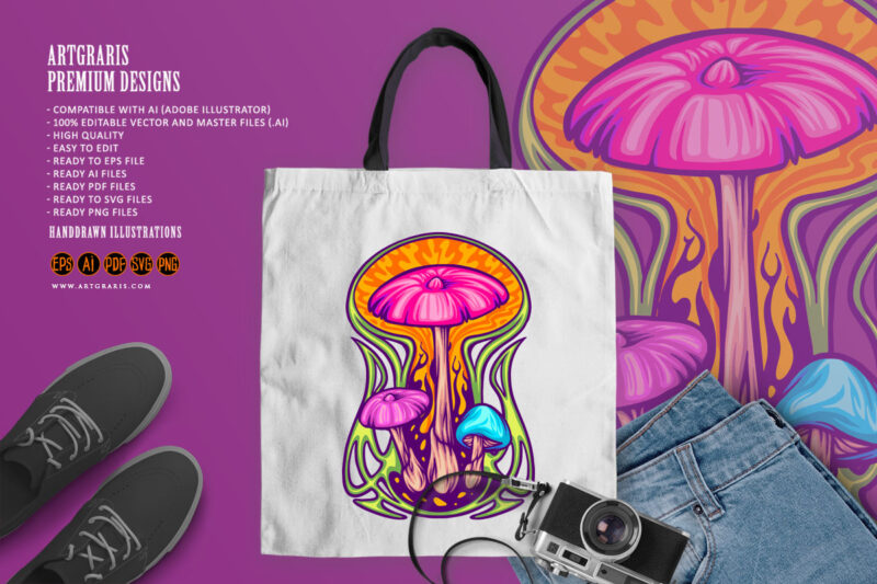 Magic mushroom psycho plant on trippy background illustrations