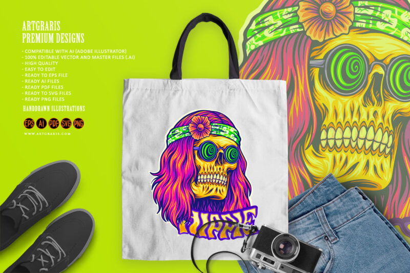 Trippy skull bohemian long haired with sunglasses illustrations